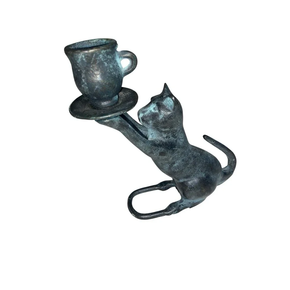 Vintage Bronze Cat Holding Tea Cup Candle Holder